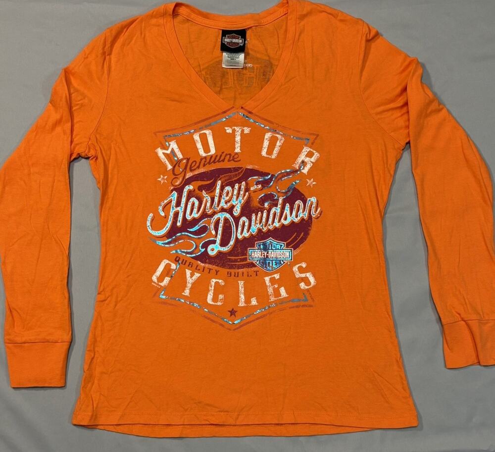Harley Davidson Long Sleeve Shirt Womens Large Orange V Neck Motorcycle